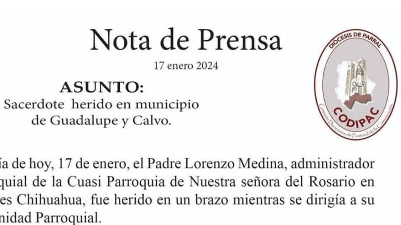 Investiga FGE hechos en los que sacerdote y mujer resultaron heridos de bala, en Guadalupe y Calvo