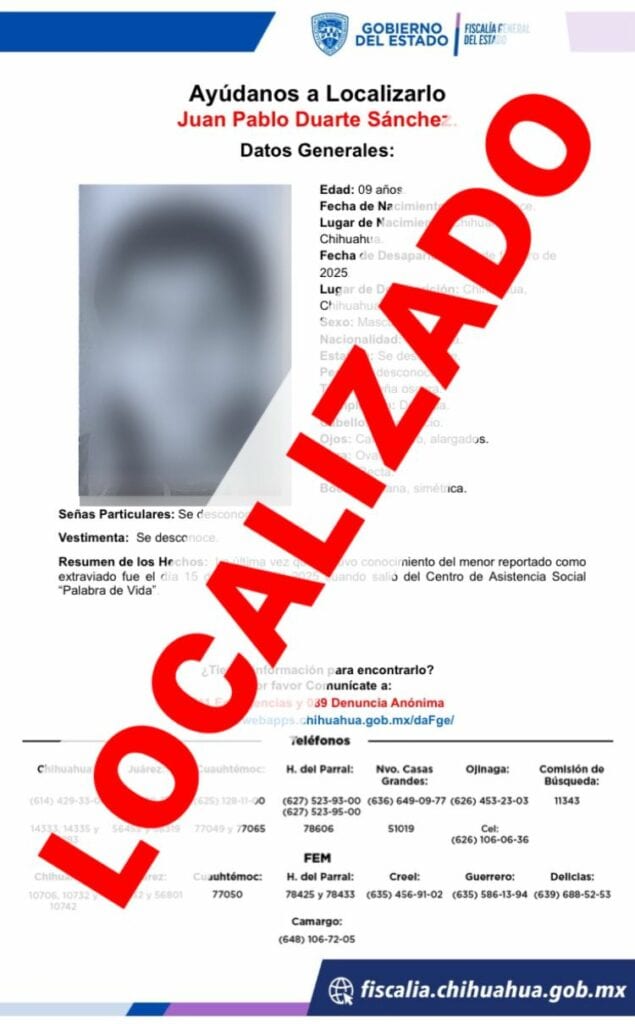Localizan sanos y salvos a dos menores con reporte de ausencia en Chihuahua