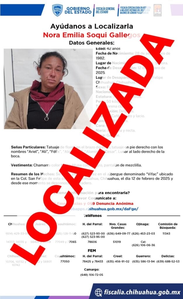 Reúne FEM en Chihuahua a Nora Emilia Soqui Gallegos con su familia; estaba reportada desaparecida en Sonora