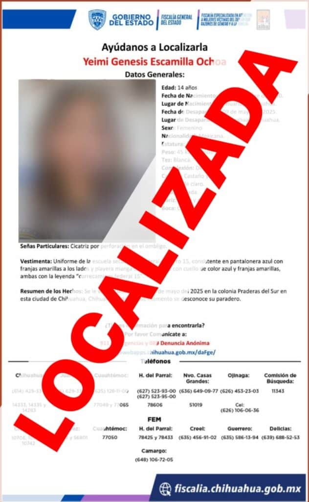 Localiza FEM a adolescente con reporte de ausencia en Chihuahua