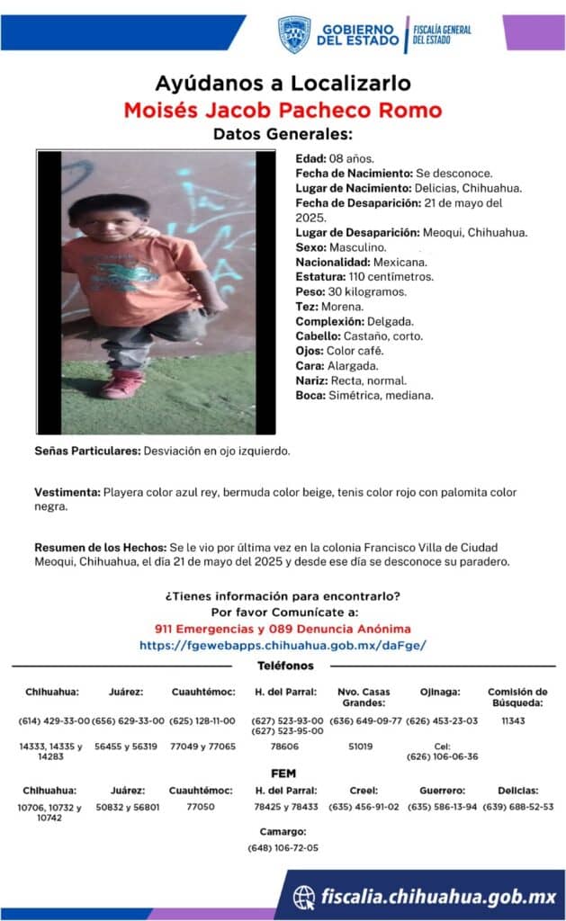 Realiza Fiscalía Zona Centro búsqueda de niño desaparecido en Meoqui