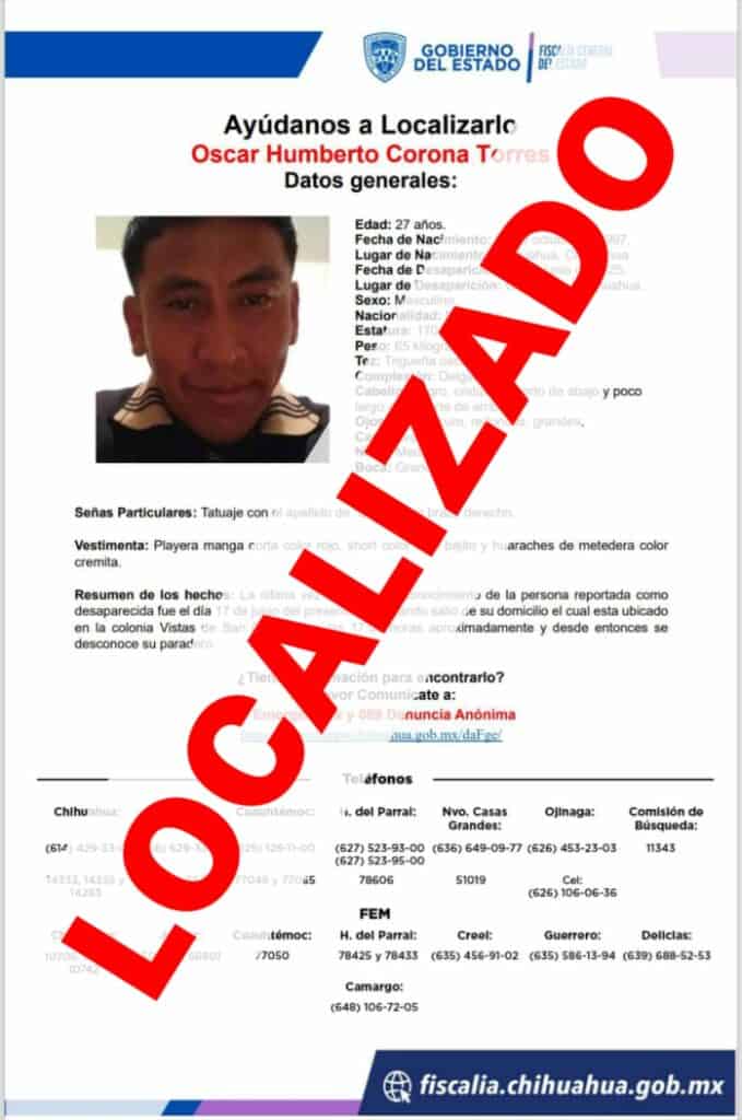 Localiza Fiscalía con vida a Óscar Humberto Corona Torres