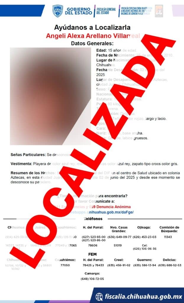 Localiza FEM sana y salva a adolescente con reporte de ausencia en Ciudad Juárez