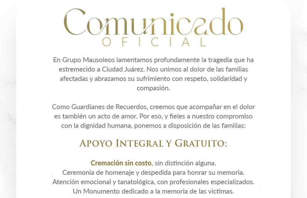 Grupo Mausoleos ofrece servicios funerarios sin costo a familias afectadas por caso en crematorio de Juárez