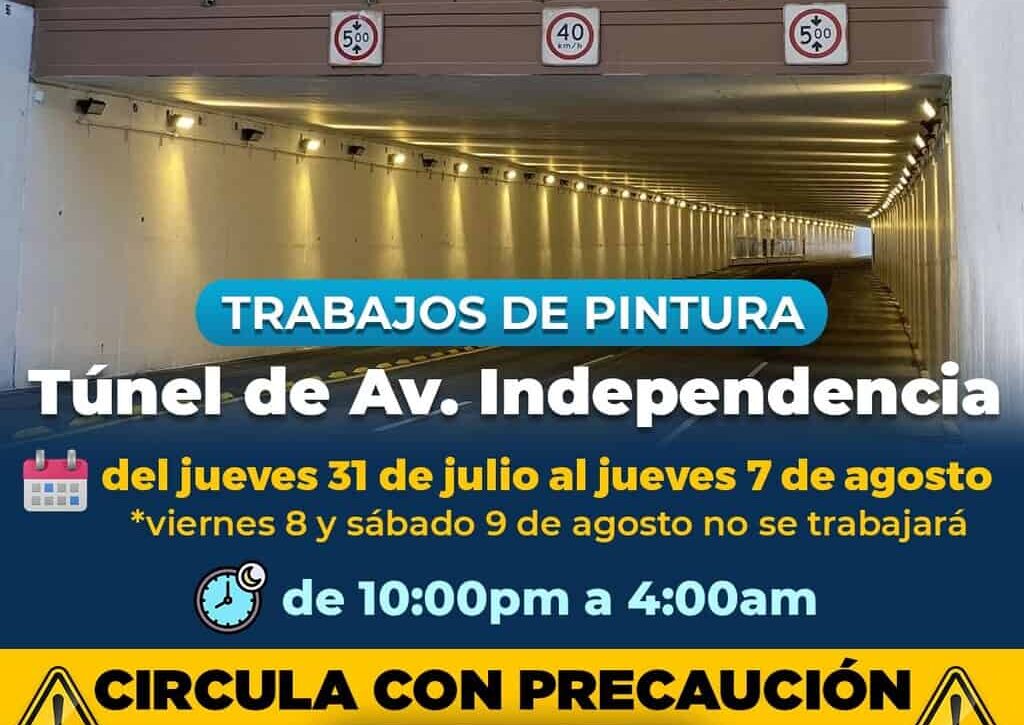Conduce con precaución, Municipio trabajará con pintura en túnel de avenida Independencia