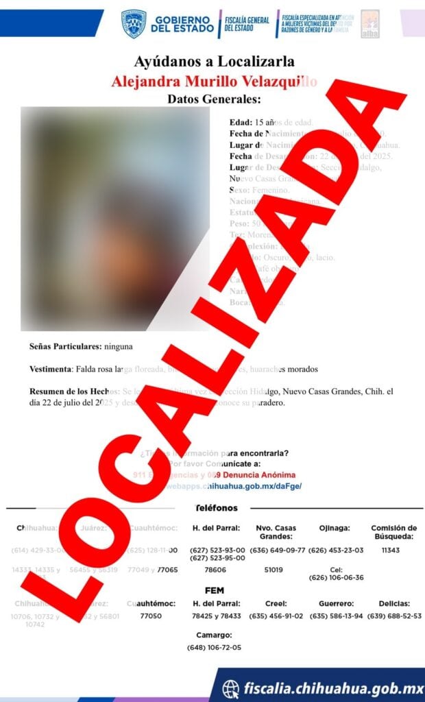 Localiza FEM Noroeste a una menor de edad que contaba con reporte de ausencia en Nuevo Casas Grandes
