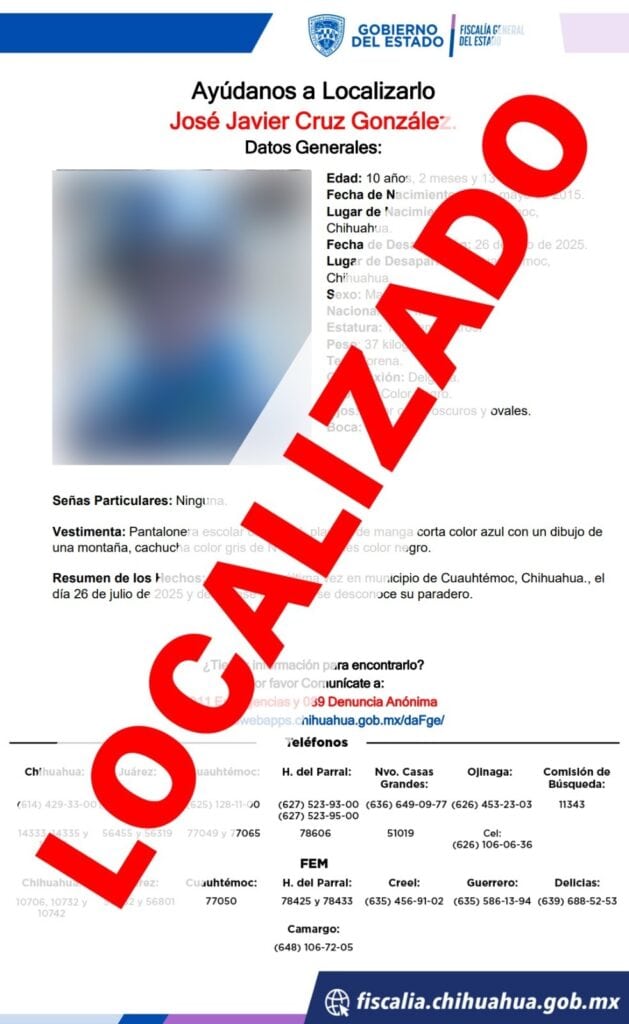 Localizan a salvo a niño de 10 años reportado desaparecido