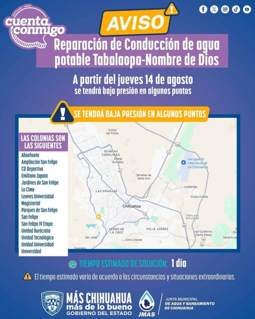 Reparará JMAS Chihuahua fuga en conducto de agua potable Tabalaopa-Nombre de Dios