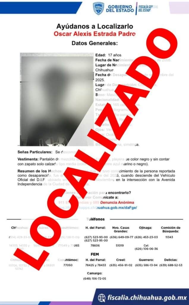 Localiza FDZC a menor de edad que se ausentó el jueves en la ciudad de Chihuahua