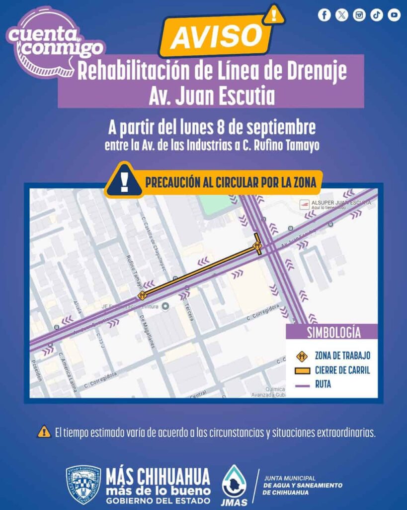 Rehabilitará JMAS Chihuahua línea de drenaje en la avenida Juan Escutia este lunes
