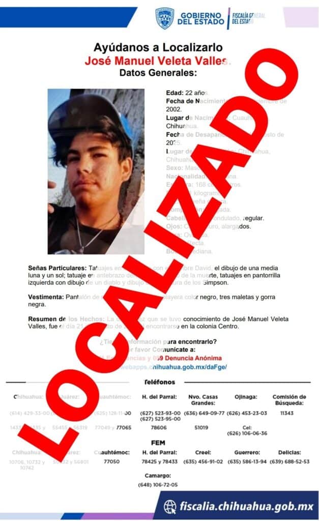 Localizan FDZC a joven de Cuauhtémoc reportado ausente en Chihuahua