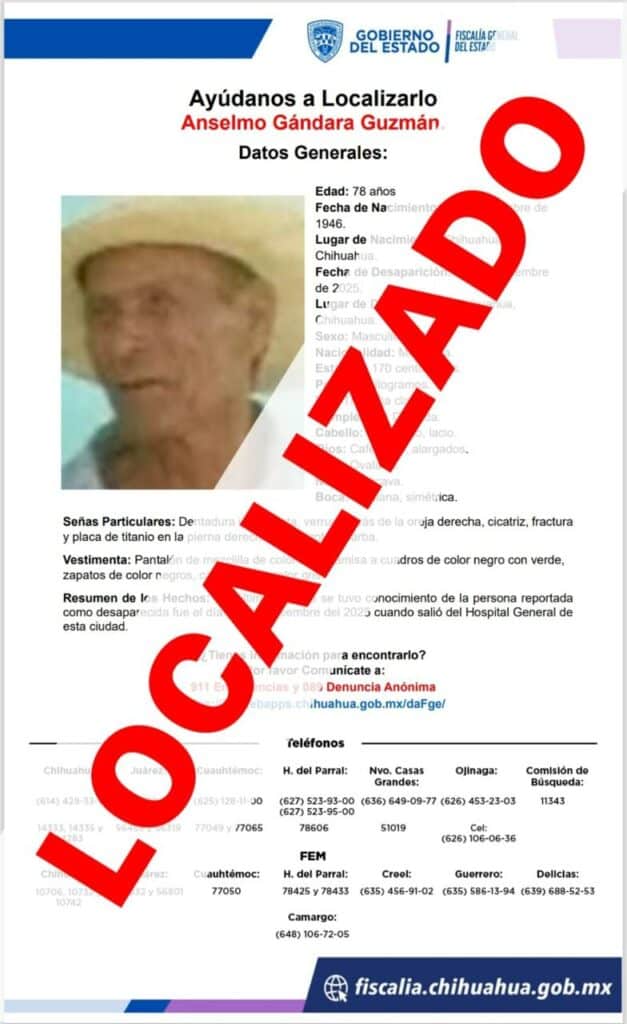 Localiza Fiscalía de Distrito Zona Centro a adulto mayor reportado ausente