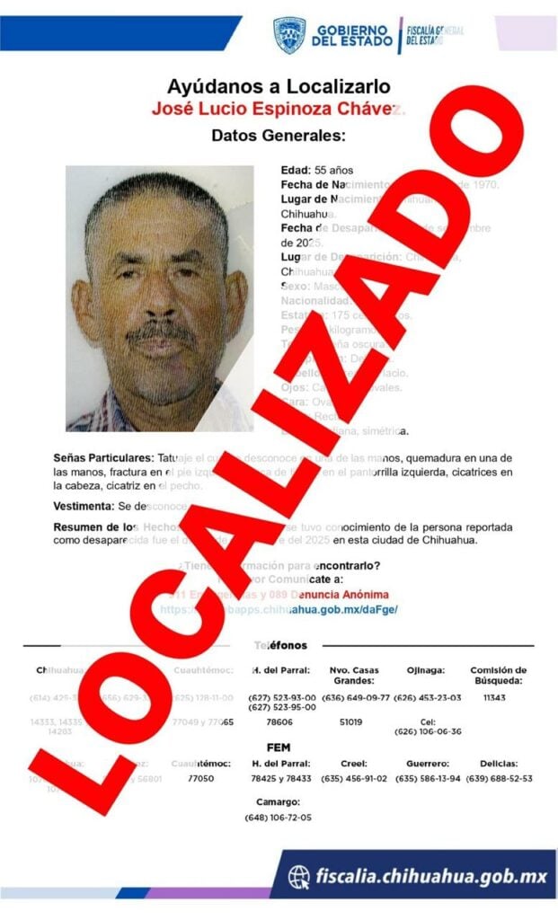 Localizan a masculino de 55 años de edad con reporte de ausencia en Chihuahua