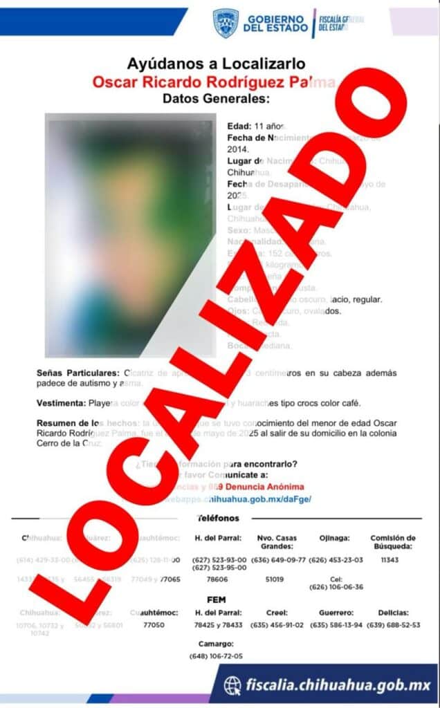 Localizan a niño con reporte de ausencia en la ciudad de Chihuahua