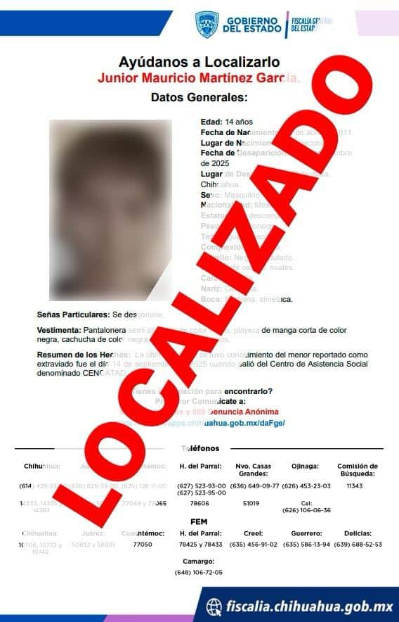 Localiza Fiscalía de Distrito Zona Centro a adolescente reportado ausente en Chihuahua