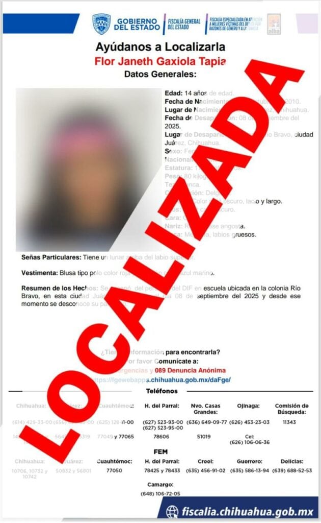Localiza FEM sana y salva a adolescente que se ausentó en Ciudad Juárez
