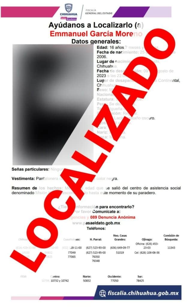 Localizan a Fiscalía a joven que se ausentó en la ciudad de Chihuahua