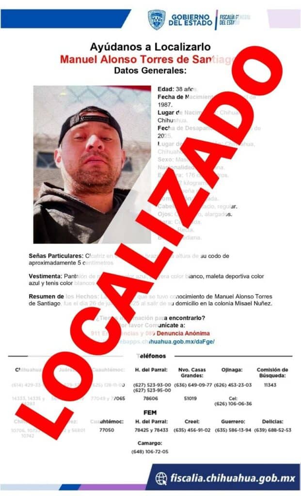 Localizan a hombre que se ausentó en la colonia Misael Núñez de Chihuahua