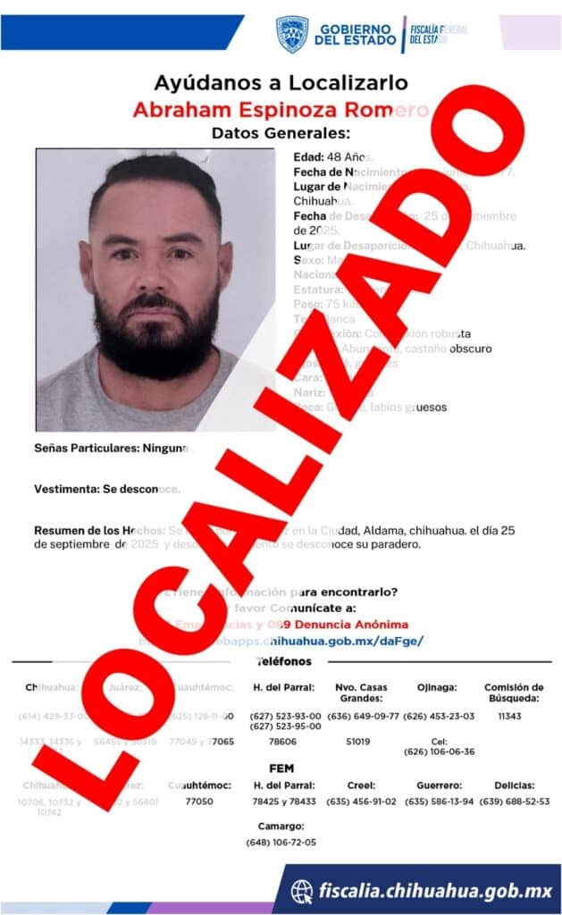 Localiza Fiscalía a masculino reportado ausente en Aldama