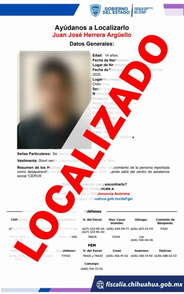 Localiza FGE en Jiménez a menor de edad que escapó de un centro de asistencia en Chihuahua