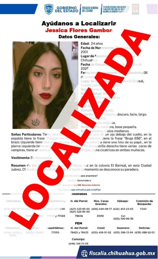 Localiza FEM Zona Norte sana y salva a Jessica F.G., mujer con reporte de ausencia en Ciudad Juárez