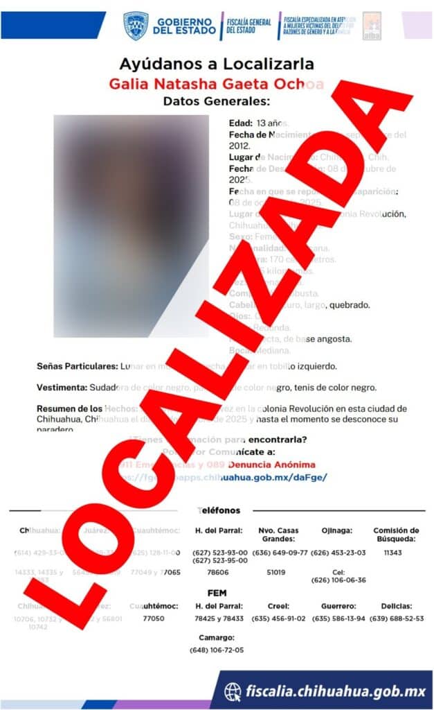 En horas, localiza FEM a adolescente que contaba con reporte de ausencia en Chihuahua