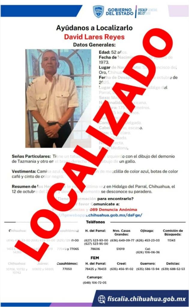 Localiza FGE Zona Sur a hombre con reporte de ausencia en Parral