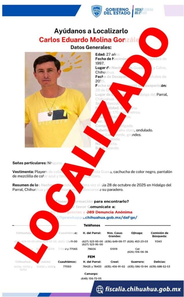 Localiza FGE a masculino con reporte de ausencia en Parral