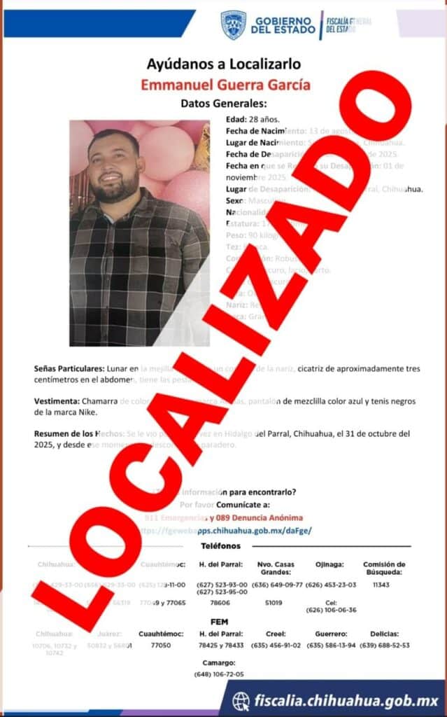 Localiza FGE a masculino con reporte de ausencia en Parral