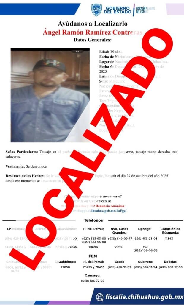 Localiza Fiscalía a masculino con reporte de ausencia en Delicias