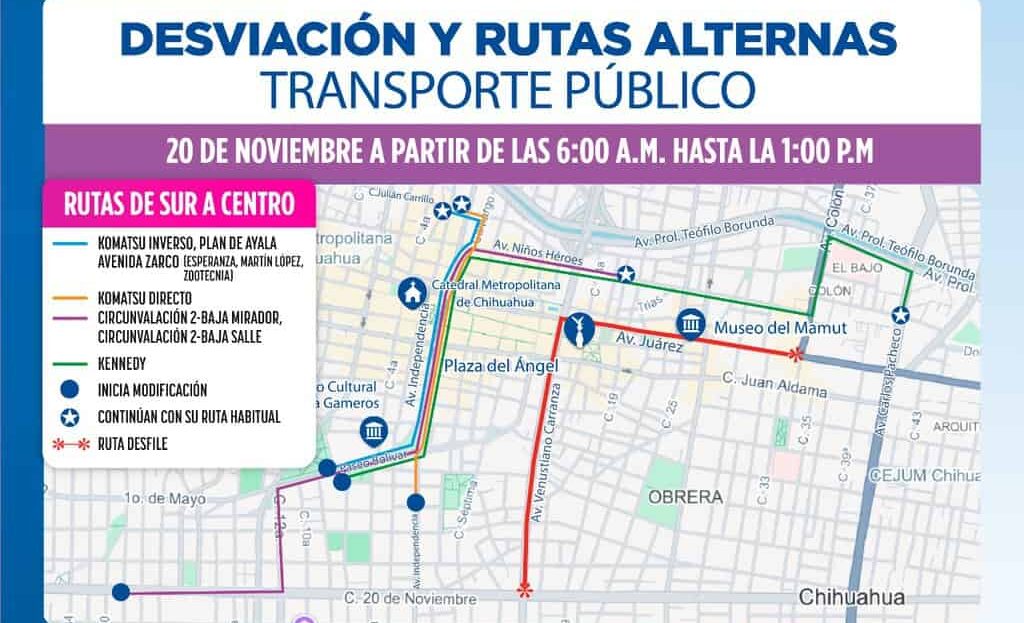 Anuncian modificaciones en rutas por desfile del 20 de noviembre