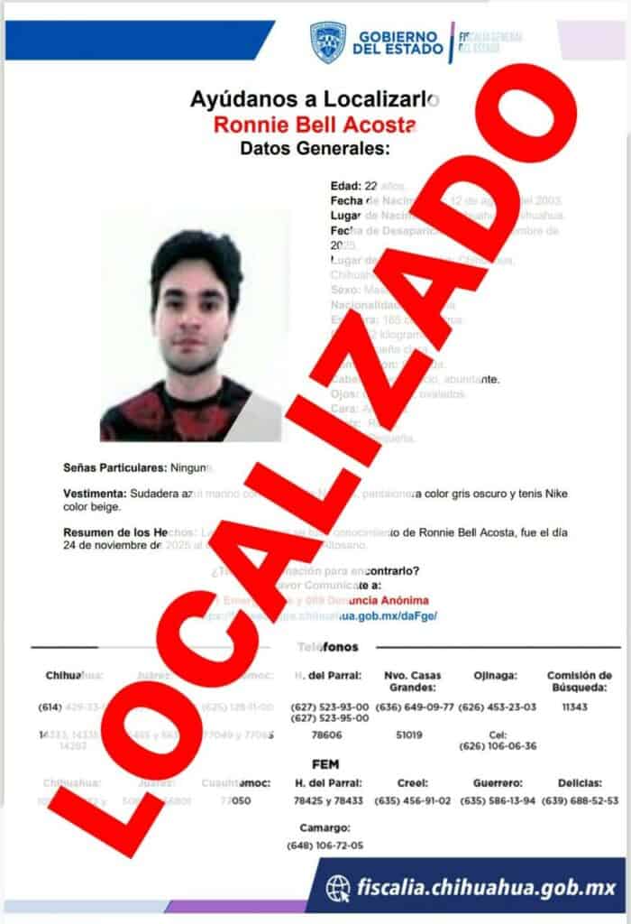 Localiza Fiscalía Centro a joven con reporte de ausencia en la ciudad de Chihuahua