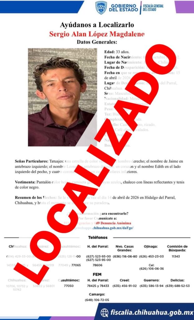 Localiza Fiscalía Zona Sur a masculino con reporte de ausencia en Parral