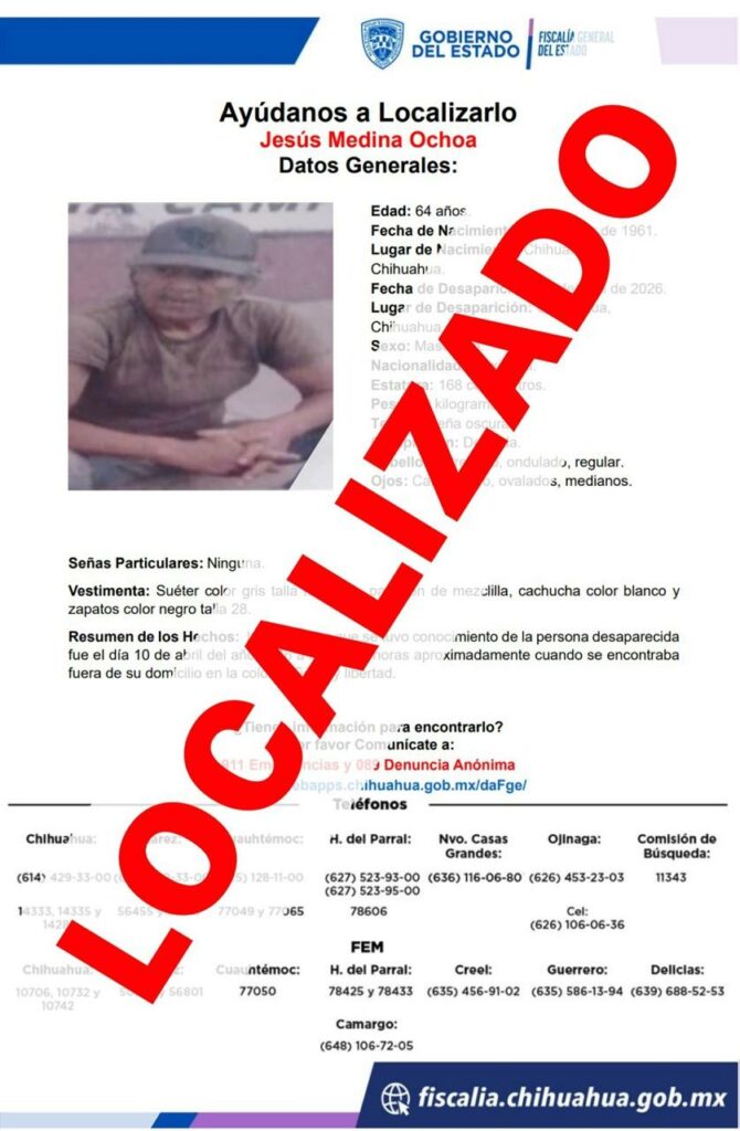 Localiza Fiscalía a adulto mayor con reporte de ausencia en Chihuahua