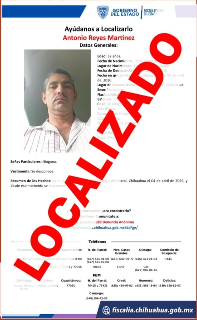 Localiza FGE en Durango a hombre reportado como ausente en Parral