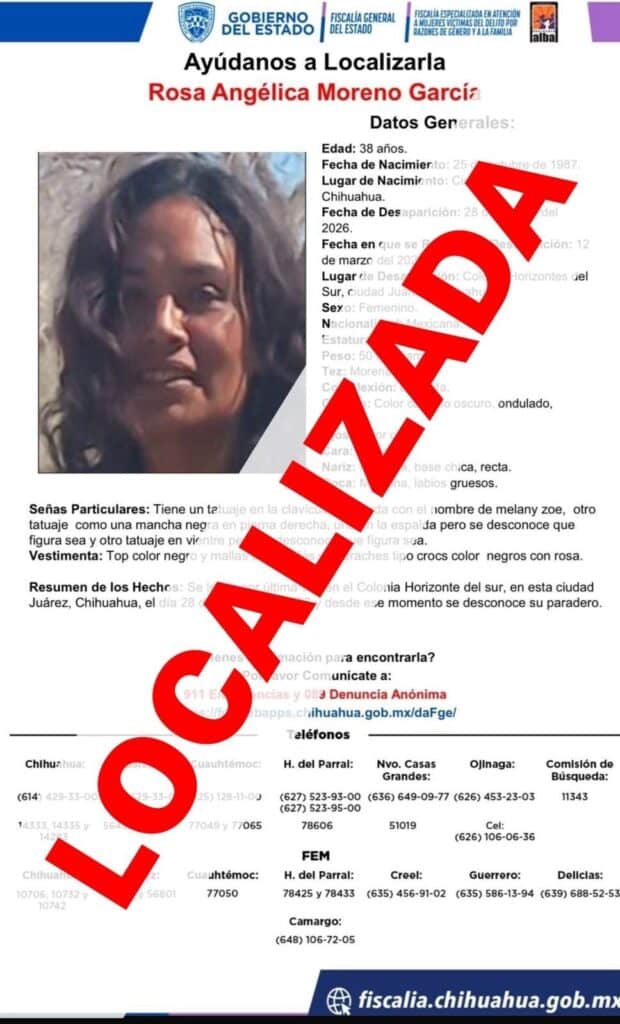 Localizan a mujer reportada como ausente sana y salva – Fiscalía General del Estado de Chihuahua