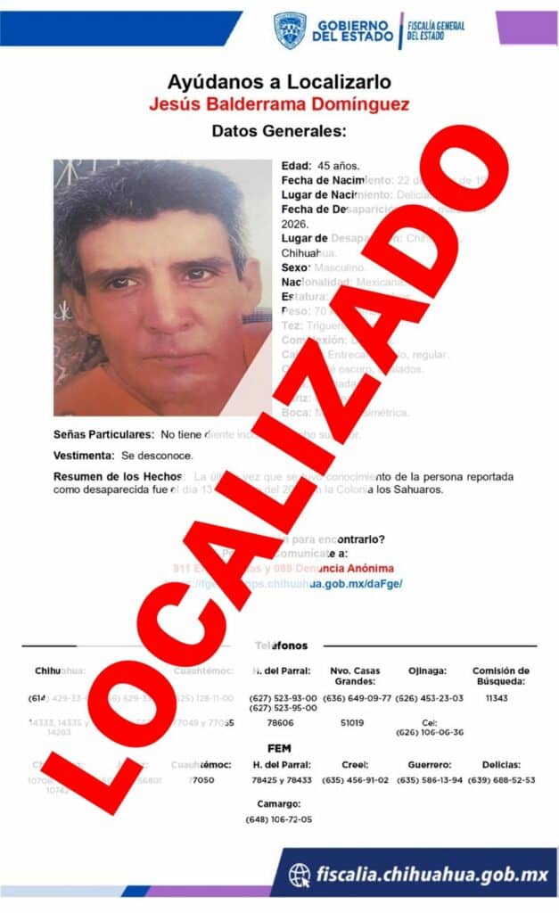 Localiza Fiscalía de Distrito Zona Centro a hombre con reporte de ausencia