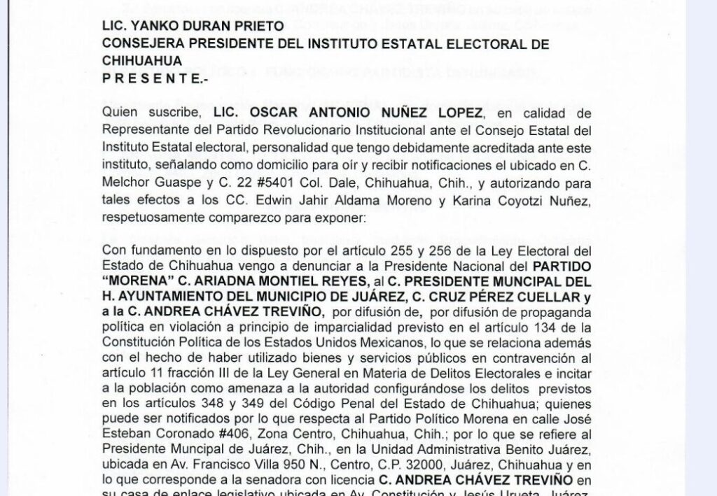 Presenta PRI denuncia ante el IEE por uso político de recursos públicos por parte de alcalde de Juárez
